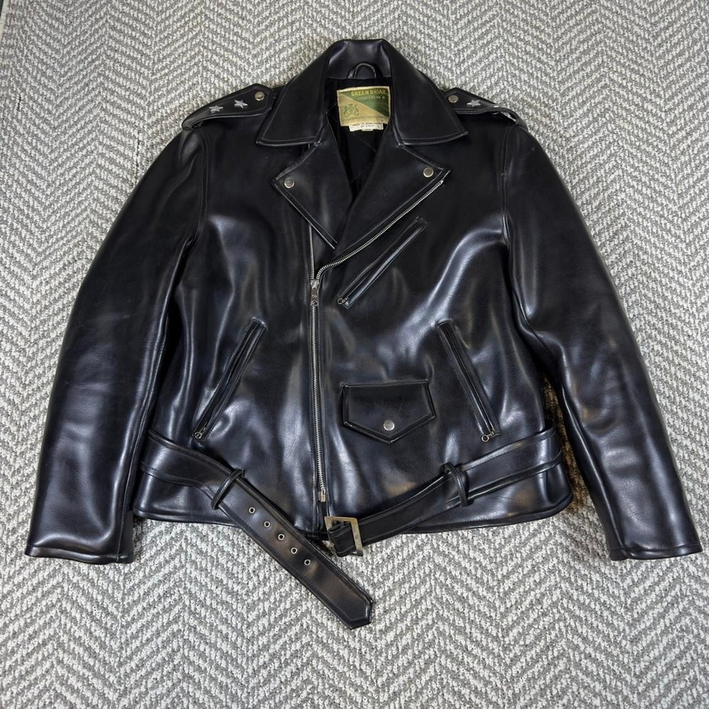 Vintage Green Briar Motorcycle Jacket Mens 42 Black Biker Faux Leather Belted 70